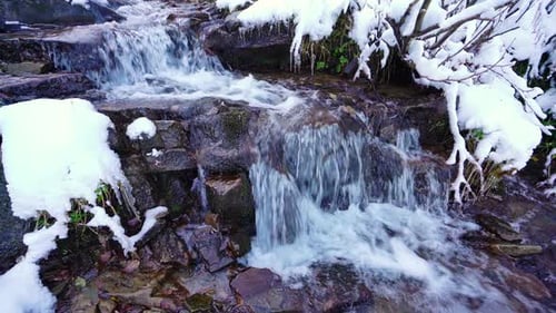 Small Stream Among Wet Stones and White Snow in the Picturesque Carpathian Mountains in Ukraine