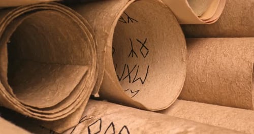 Old scrolls stacked on a pile. Medieval manuscripts library.