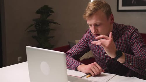 Serious Young Businessman Has Conference Video Calling By Webcam Focused Student Study with Online