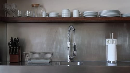 Stand with Modern Kitchen Utensils in Inox Metal Style