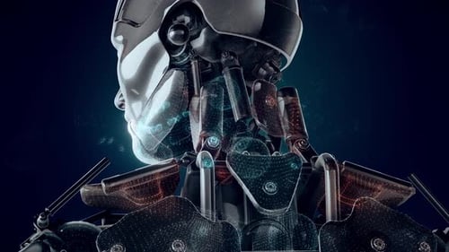 Futuristic AI Robot Head with Digital Brain Processing