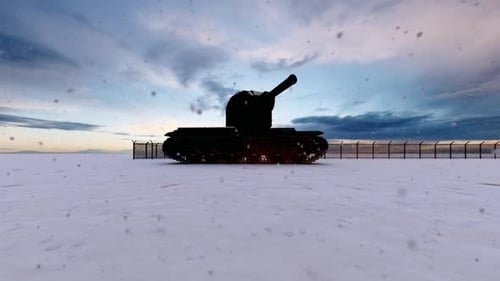Soldaten und Panzer auf Wache im militärischen Wachturm bei Schneewetter