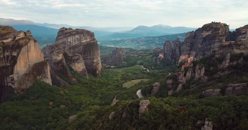 Aerial View Of The Mountains And Meteora Monasteries In Greece