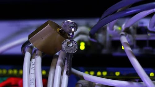 Data Security Represented by a Lock on Network Cables