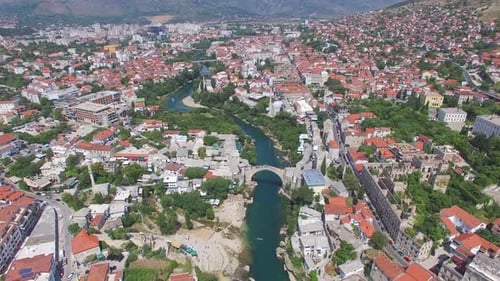 Aerial view of Mostar city on river Neretva in Bosnia