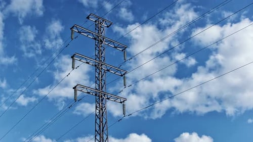 High Voltage Transmission Tower, Electricity Pylon on Sky Background, Time Lapse