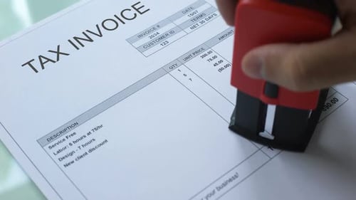 Tax Invoice Past Due, Hand Stamping Seal on Commercial Document, Business
