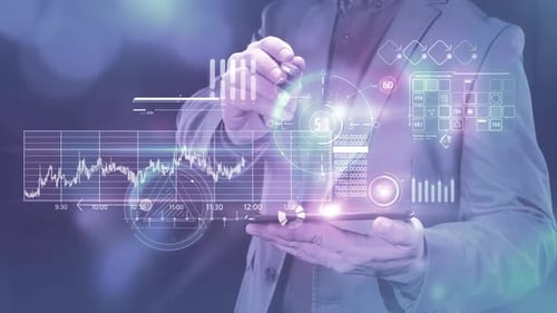 Businessman Works With Stock Infographics In The Virtual Panel Of The Phone HD