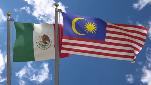 Mexico and Malaysia Flags Waving Together in Blue Sky