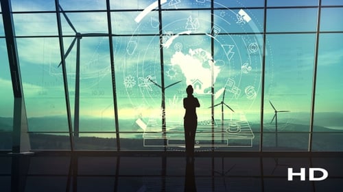 Futuristic Globe UI with Environmental Data and Wind Turbines