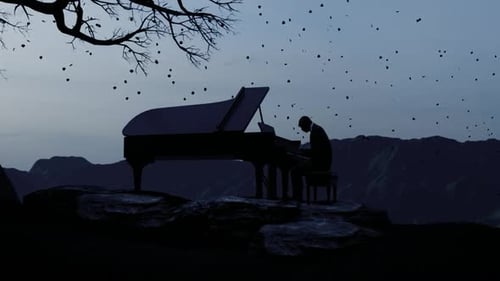 Pianist Playing Grand Piano on Mountain Hill at Dusk