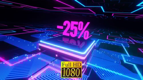 Glowing Neon Circuit Board Displaying Percentage Discount Sale