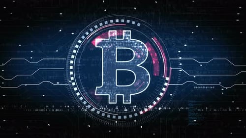 Bitcoin, blockchain, símbolo de moeda criptográfica, loop, conceito digital