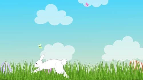 Animated Easter Bunny Hiding Eggs in Lush Green Grass