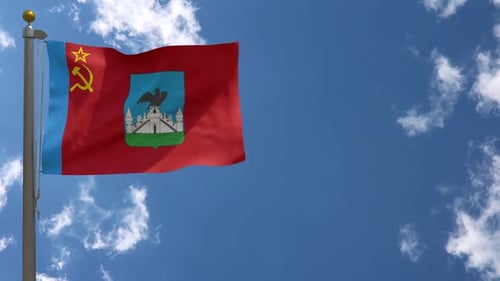 Waving Historical Red Flag with Soviet Era Symbols