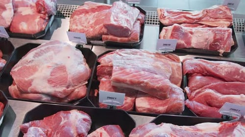 Close Up of Pork Cuts in Butcher Shop Display