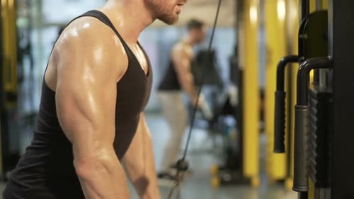 Sweaty Upper Body of Guy Doing Pull-Downs in Gym, Looking at His Biceps