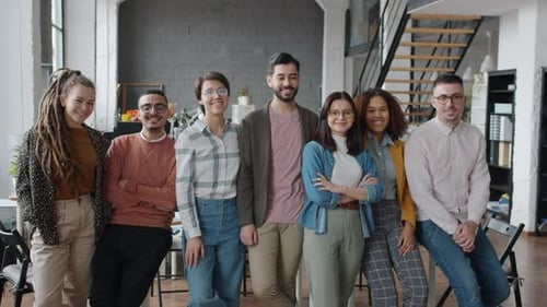 Slow Motion Portrait of Young People Business Team Standing in Modern Office