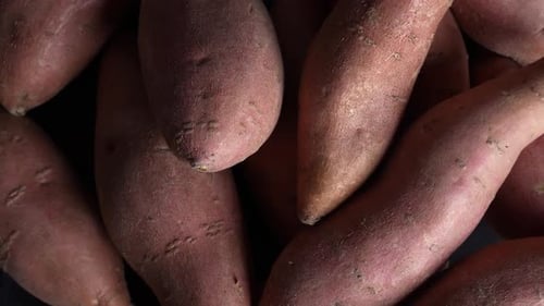 Pile of fresh sweet potatoes close up