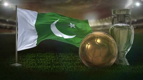 Waving Pakistan Flag with Golden Football and Trophy in Stadium