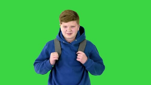 Cute Schoolboy with Backpack Walking Carefully on a Green Screen Chroma Key
