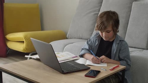 Schoolboy Taking Notes During Online School Class