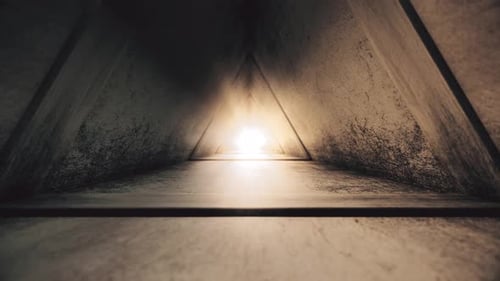 Grungy Abstract Triangular Tunnel Flythrough with Bright Light