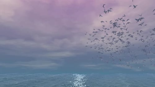 Flock of Birds Flying Over Ocean with Cloudy Sky Animation