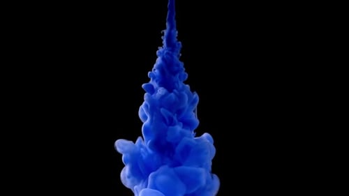 Watercolor Blue Ink Spreads in Water, Colored Smoke Stream Spreading Underwater on Black Background