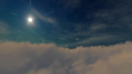 Flying Through Soft Clouds with Bright Sun in Blue Sky