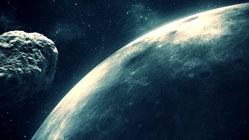 Nahaufnahmeanimation eines Meteoroiden, der den Planeten im unendlichen Weltraum umkreist.
HD