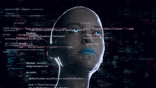 Humanoid Android Robot With Artificial Intelligence Reading Programming Codes 4K