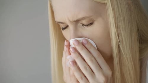 Woman With Tissue Uses Kleenex For Allergies