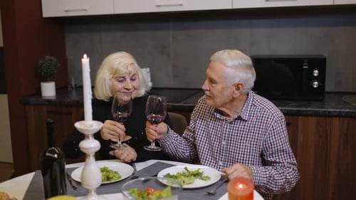Elderly Couple Celebrating Anniversary With Wine at Home