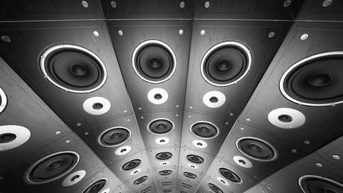 Endless rotation around the huge circular wall of active speakers. Loopable. HD