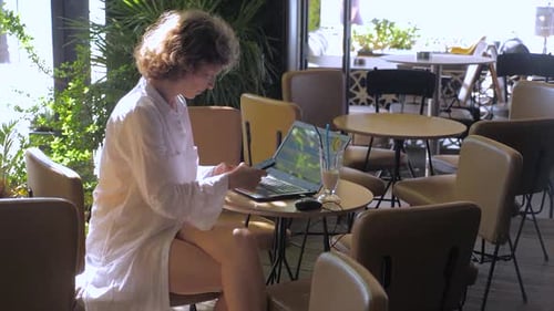 Beautiful Girl with a Laptop Working in Cafe. Business Woman Working Outdoor. Freelancing Background