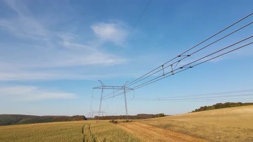 Powerlines Over Green and Gold Fields on Sunny Day