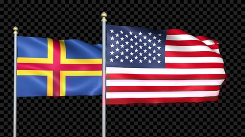 Waving Flags of Aland and United States on Transparent Background