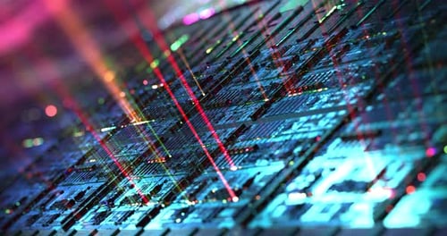 Futuristic Digital Circuit Board Animation with Glowing Lights and Lasers