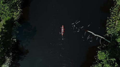 Top View of Two Active Guys Enjoing Kayaking on the River