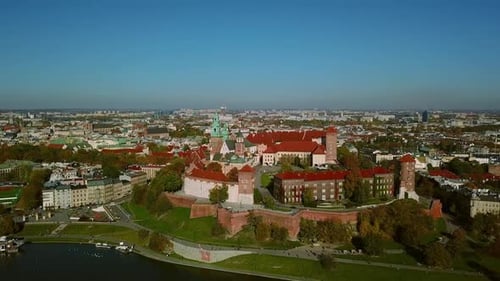 Aerial View. Wawel Royal Castle and Cathedral, Vistula River, Cracow Old City with Historic Churches