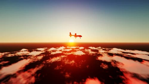 UAV Drone Flying Above Clouds During Sunrise or Sunset