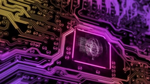 Futuristic Circuit Board Animation with Digital Brain