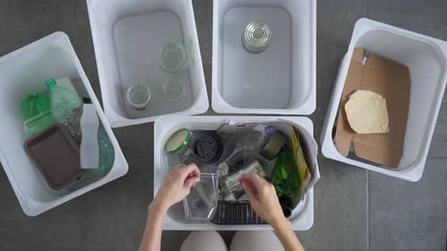 Recyclables Sorted into Bins from Above