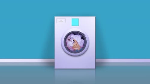 Maschine mit blauem leerem Bildschirm wäscht Wäsche auf dem Boden
