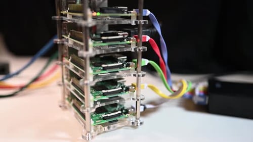 Cluster de supercalcul Raspberry PI. La source d'alimentation se déplace vers le cluster. Bitcoin mining, foire scientifique, le