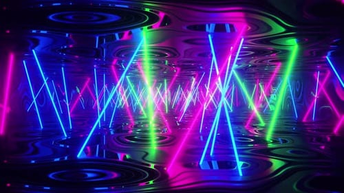 Flying down a corridor with multicolored fluorescent lights