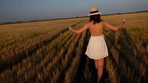 Happy Free Young Woman Dancing and Spinning Around in Slow Motion Across Field Touching Ears of