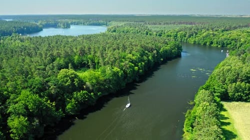 Small white boat sailing on large river among forests, Poland