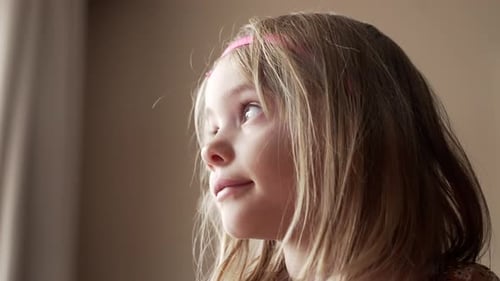 Sunlit portrait of a beautiful little girl looking out a window.